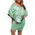 Aotearoa Maori Wahine Off Shoulder Short Dress Fantail Bird Green Gold Marble