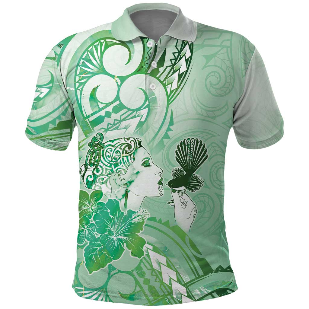 Aotearoa Maori Wahine Polo Shirt Fantail Bird Green Gold Marble