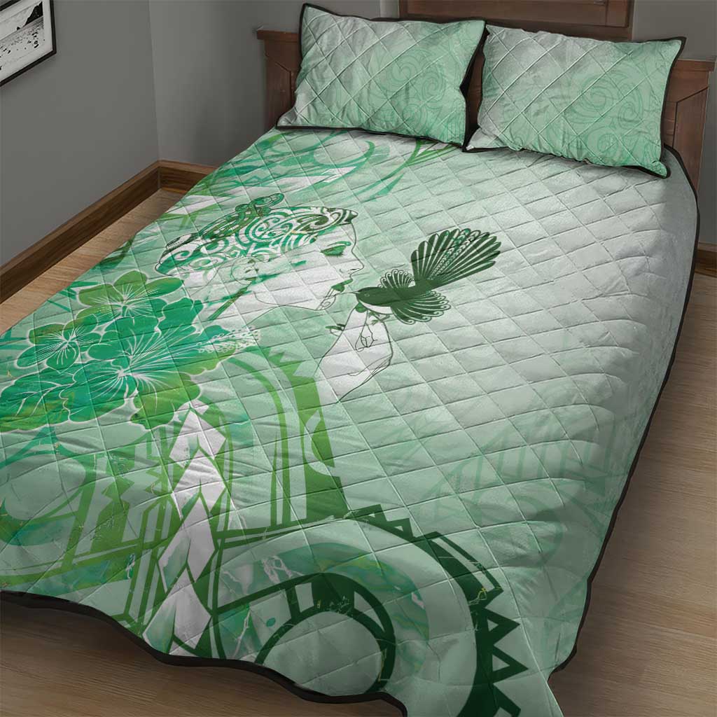Aotearoa Maori Wahine Quilt Bed Set Fantail Bird Green Gold Marble LT05 - Polynesian Pride