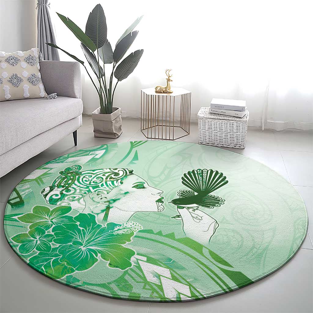 Aotearoa Maori Wahine Round Carpet Fantail Bird Green Gold Marble