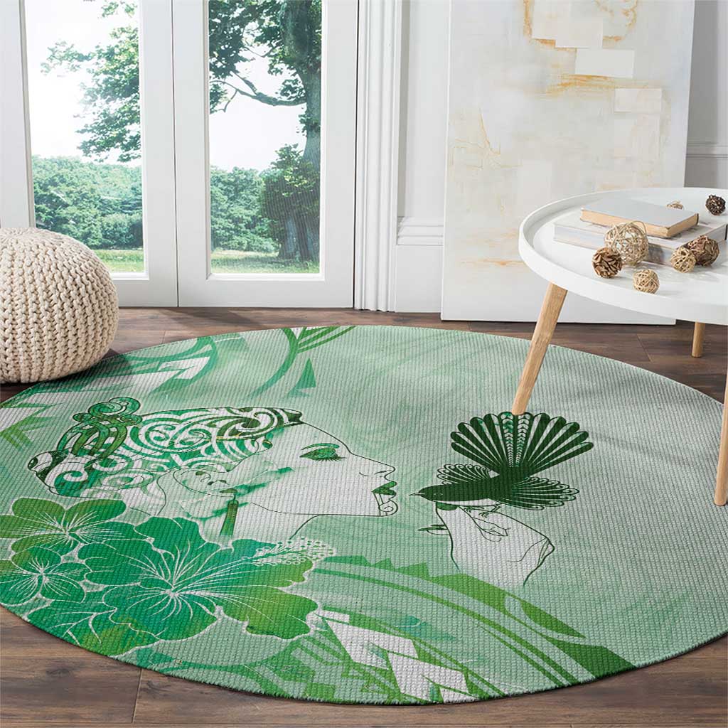 Aotearoa Maori Wahine Round Carpet Fantail Bird Green Gold Marble