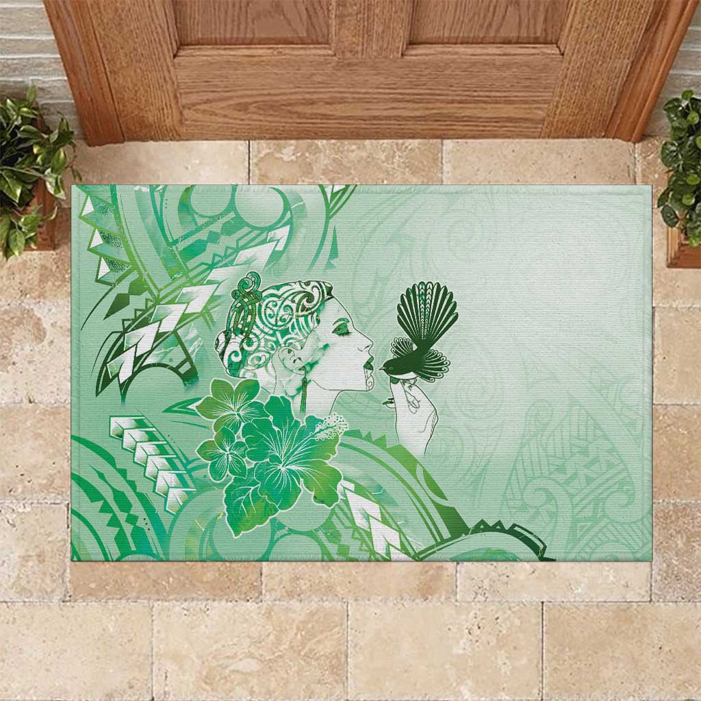 Aotearoa Maori Wahine Rubber Doormat Fantail Bird Green Gold Marble LT05 Green - Polynesian Pride
