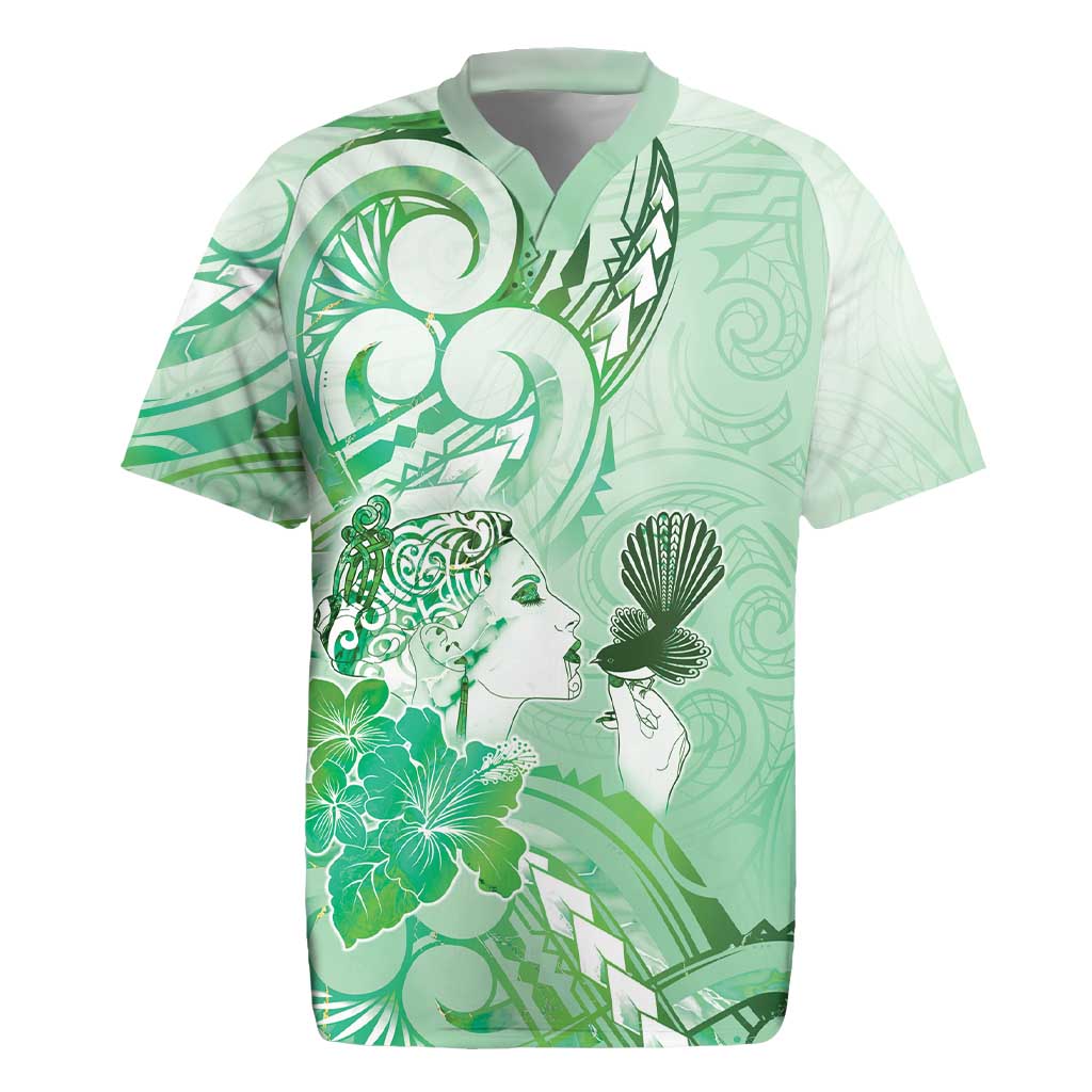 Aotearoa Maori Wahine Rugby Jersey Fantail Bird Green Gold Marble