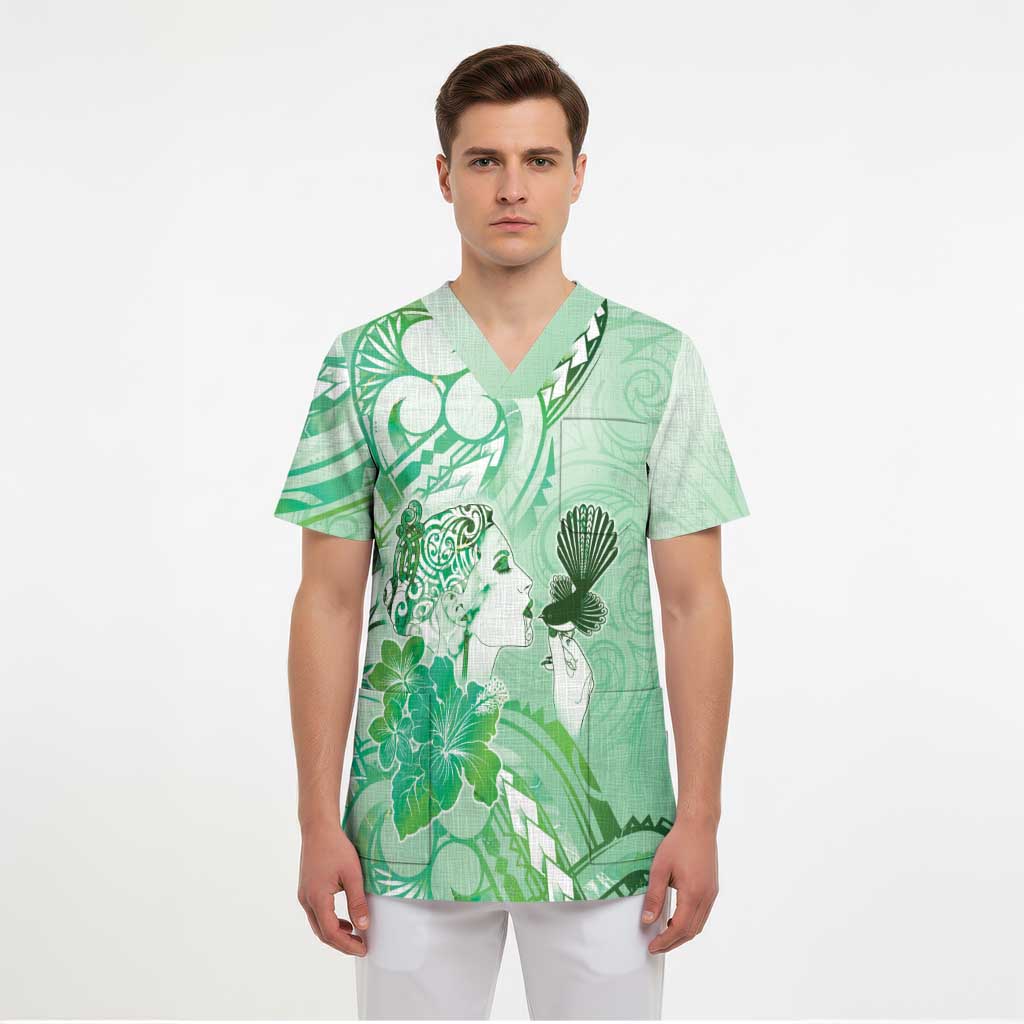 Aotearoa Maori Wahine Scrub Top Fantail Bird Green Gold Marble - Polynesian Pride
