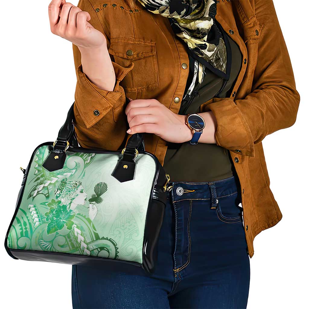 Aotearoa Maori Wahine Shoulder Handbag Fantail Bird Green Gold Marble