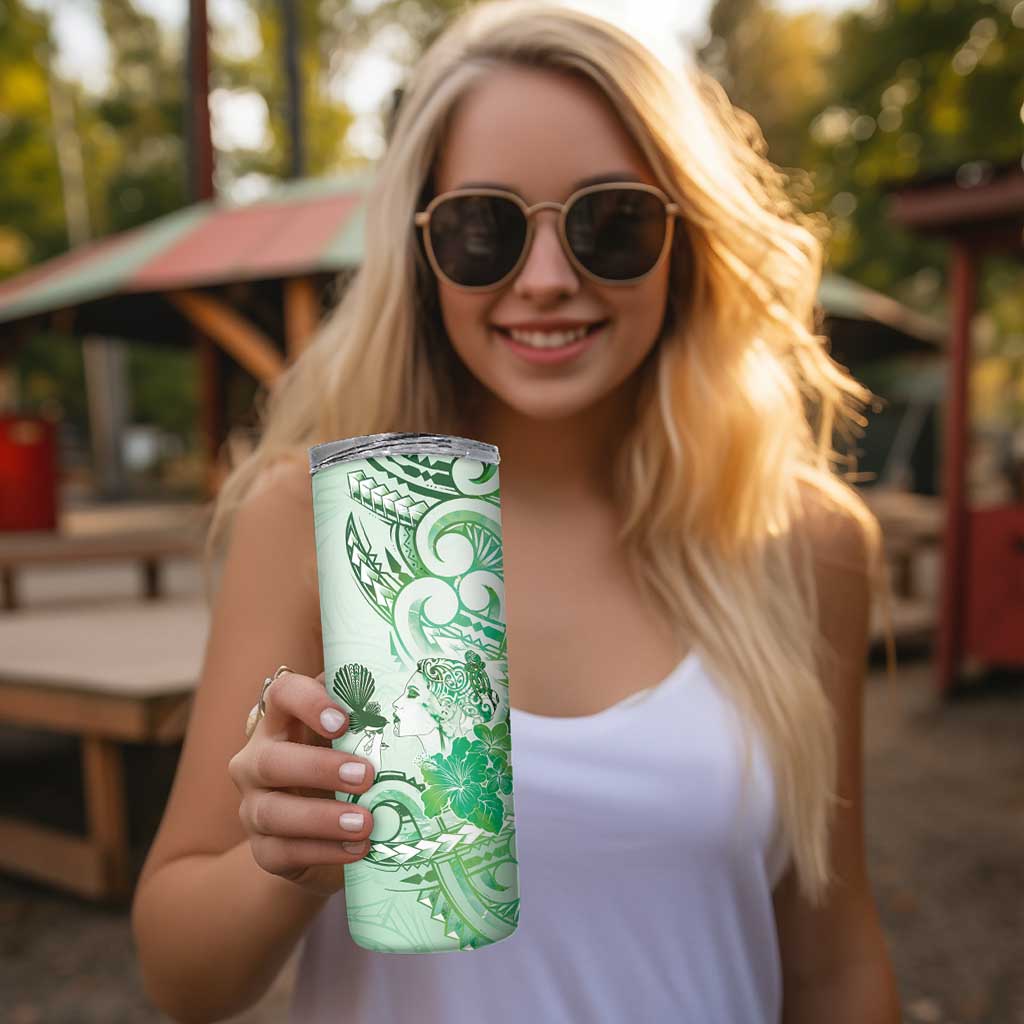 Aotearoa Maori Wahine Skinny Tumbler Fantail Bird Green Gold Marble