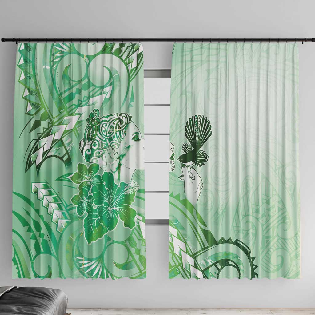 Aotearoa Maori Wahine Window Curtain Fantail Bird Green Gold Marble LT05 With Hooks Green - Polynesian Pride