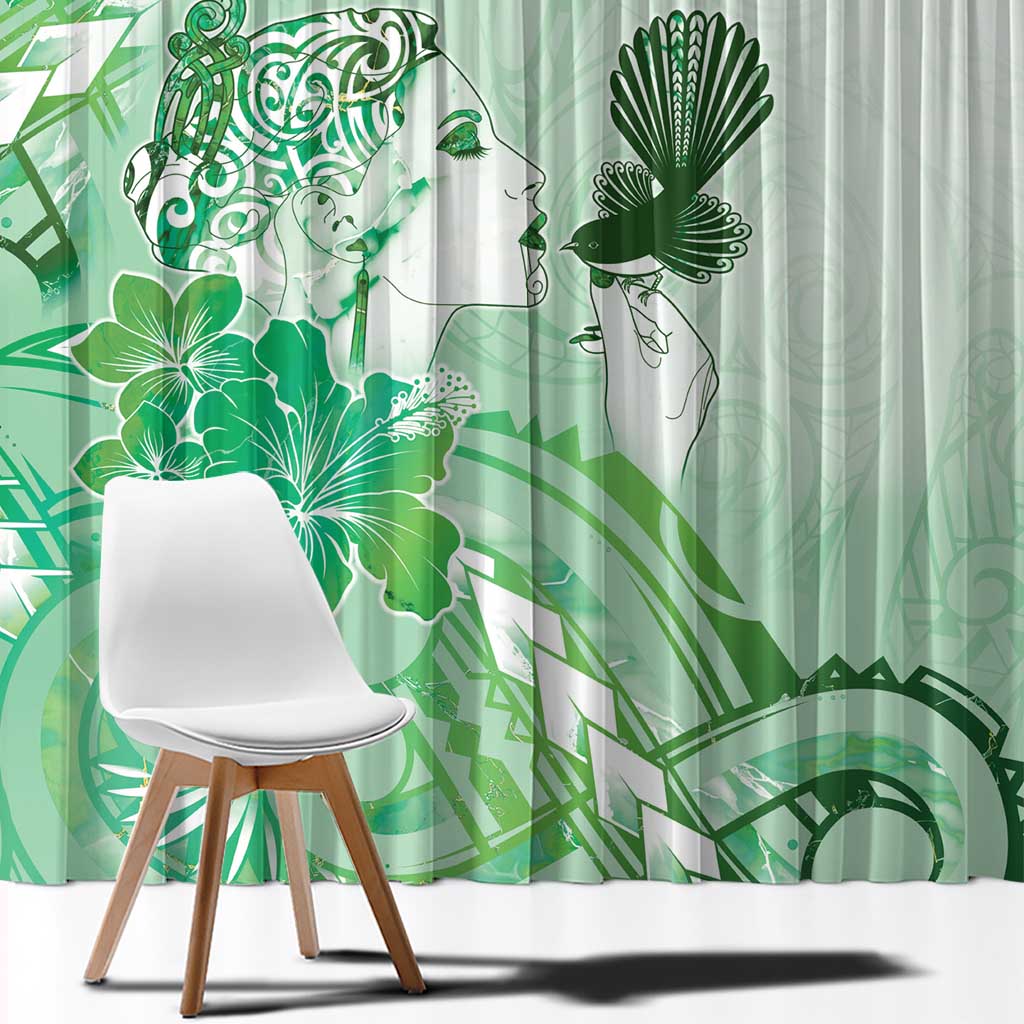 Aotearoa Maori Wahine Window Curtain Fantail Bird Green Gold Marble LT05 - Polynesian Pride
