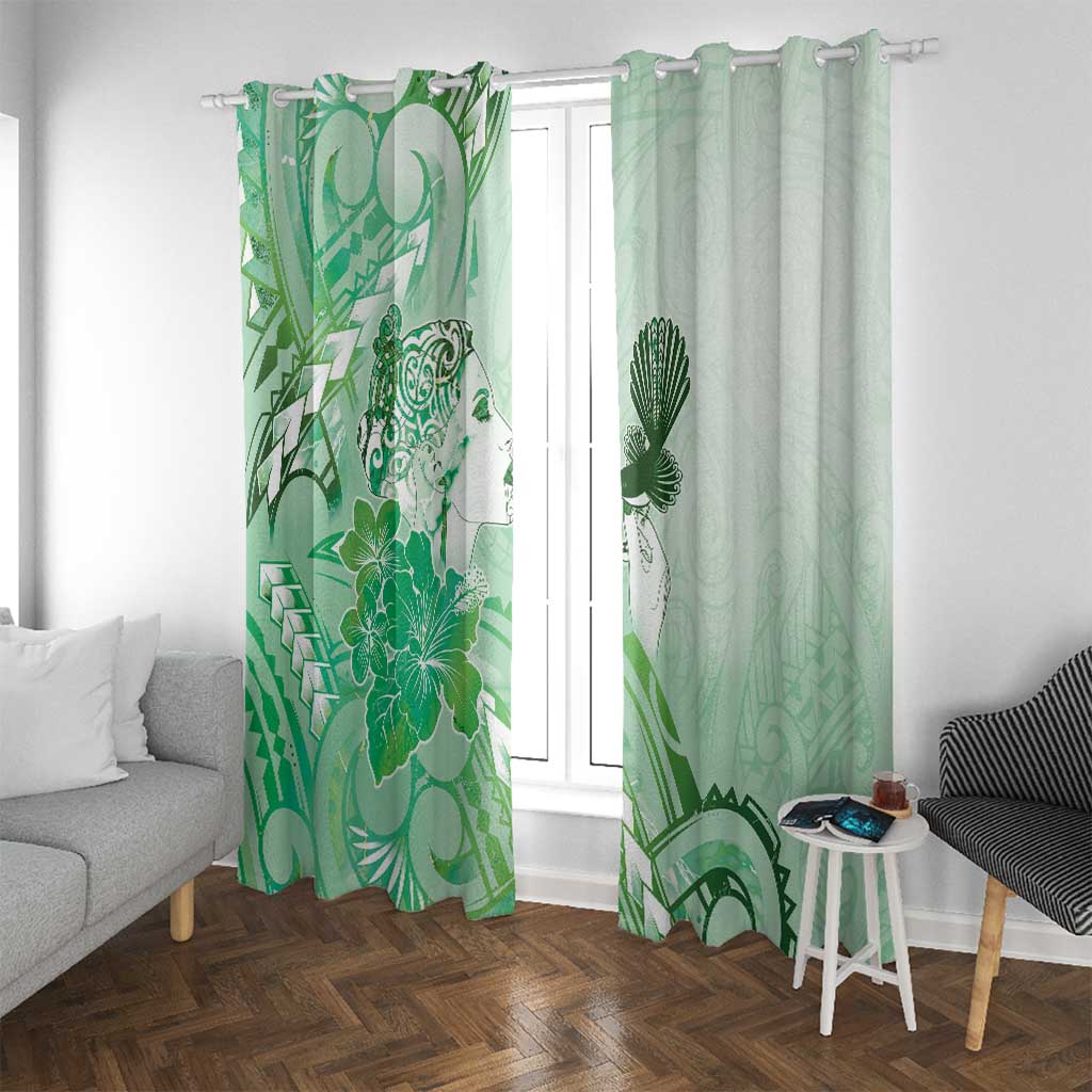 Aotearoa Maori Wahine Window Curtain Fantail Bird Green Gold Marble LT05 With Grommets Green - Polynesian Pride