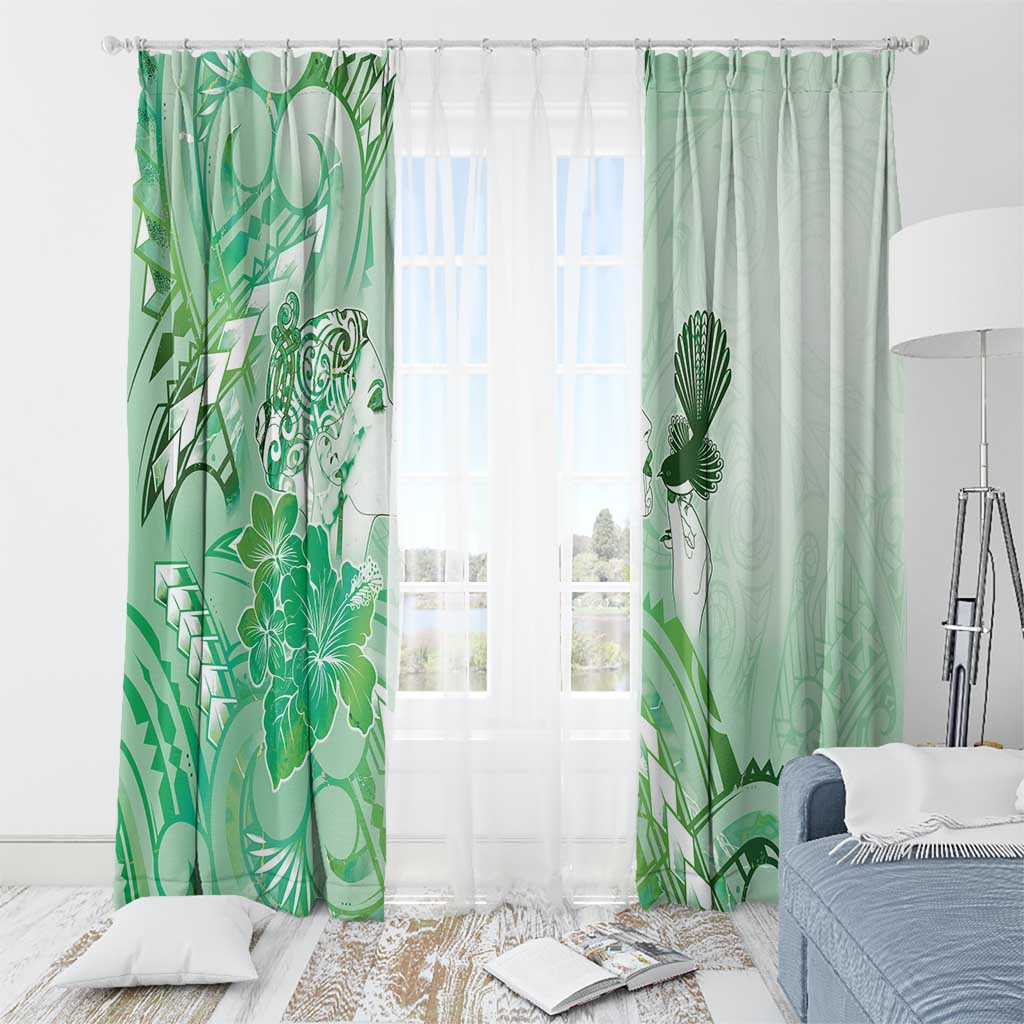 Aotearoa Maori Wahine Window Curtain Fantail Bird Green Gold Marble LT05 - Polynesian Pride