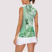 Aotearoa Maori Wahine Women Sleeveless Polo Shirt Fantail Bird Green Gold Marble