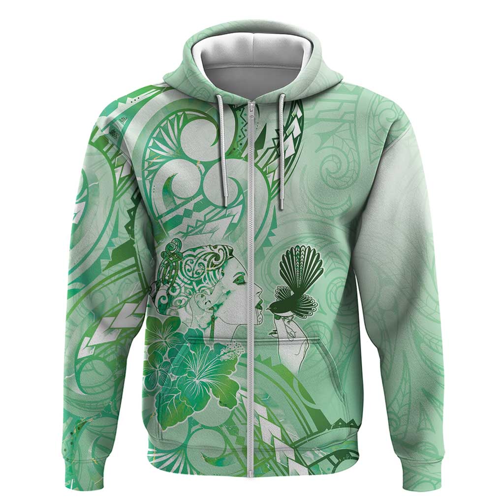 Aotearoa Maori Wahine Zip Hoodie Fantail Bird Green Gold Marble