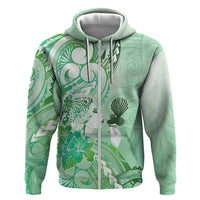 Aotearoa Maori Wahine Zip Hoodie Fantail Bird Green Gold Marble
