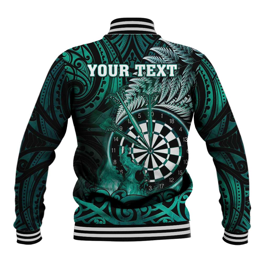 Personalised New Zealand Darts Baseball Jacket Maori Koru Dartboard Turquoise Flame LT05 - Polynesian Pride