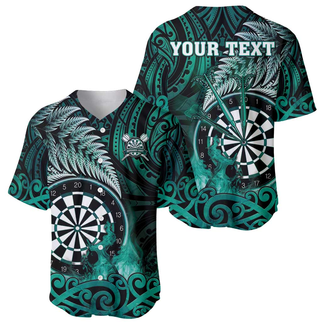 Personalised New Zealand Darts Baseball Jersey Maori Koru Dartboard Turquoise Flame