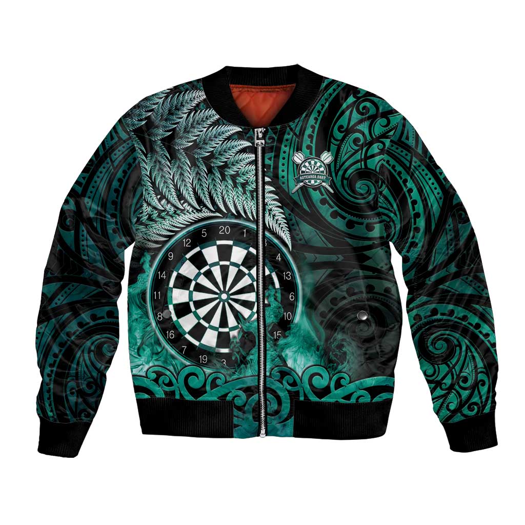 Personalised New Zealand Darts Bomber Jacket Maori Koru Dartboard Turquoise Flame