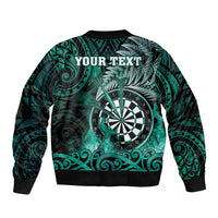 Personalised New Zealand Darts Bomber Jacket Maori Koru Dartboard Turquoise Flame