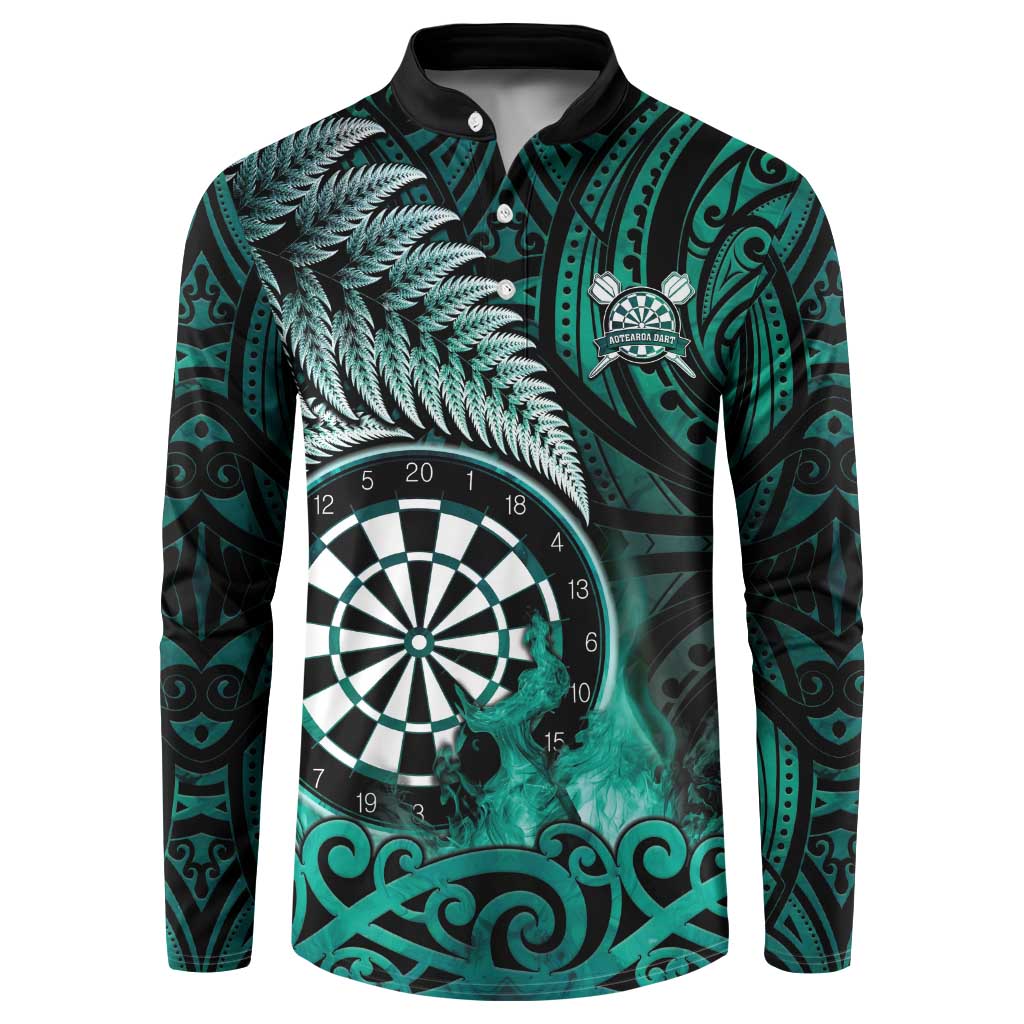 Personalised New Zealand Darts Button Sweatshirt Maori Koru Dartboard Turquoise Flame