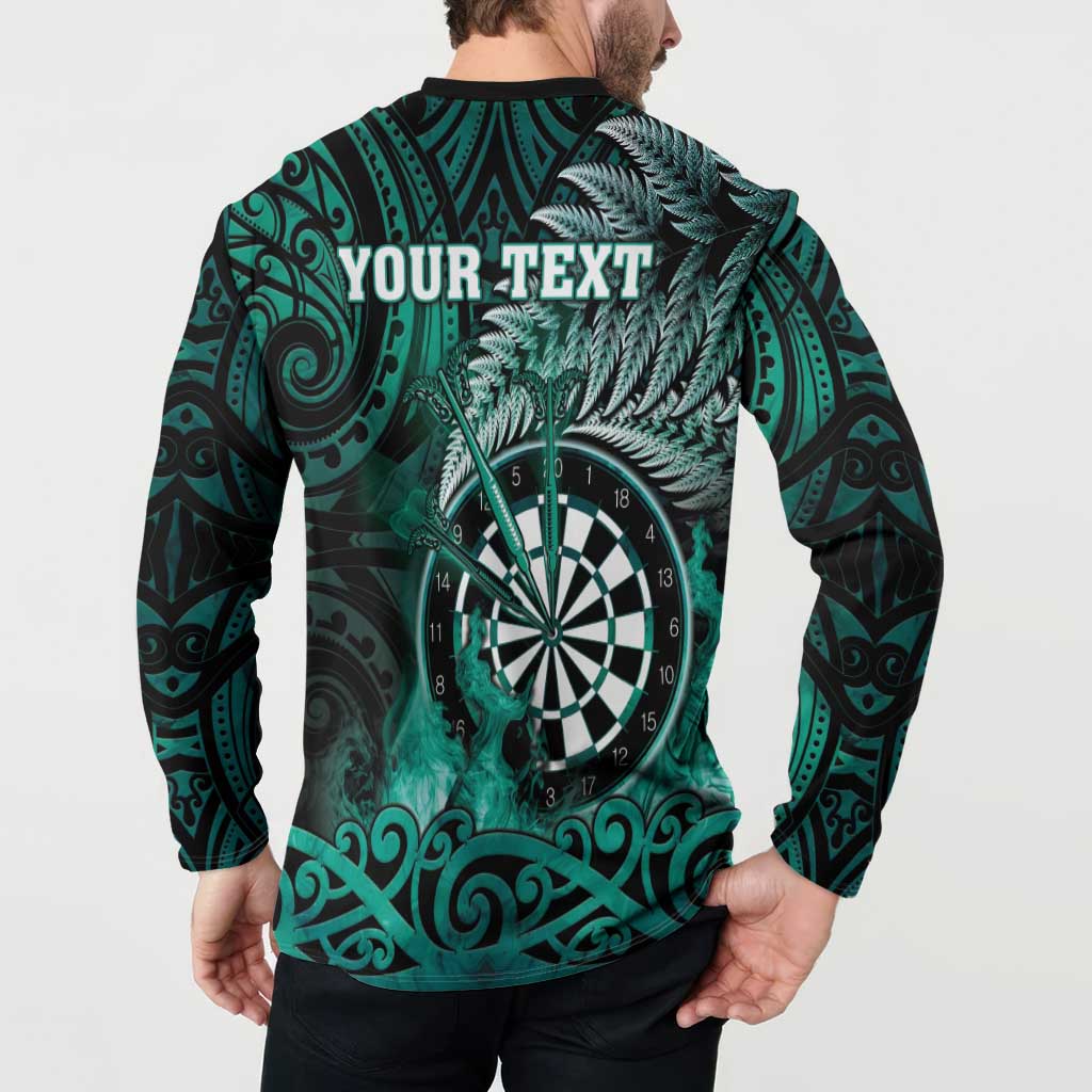 Personalised New Zealand Darts Button Sweatshirt Maori Koru Dartboard Turquoise Flame