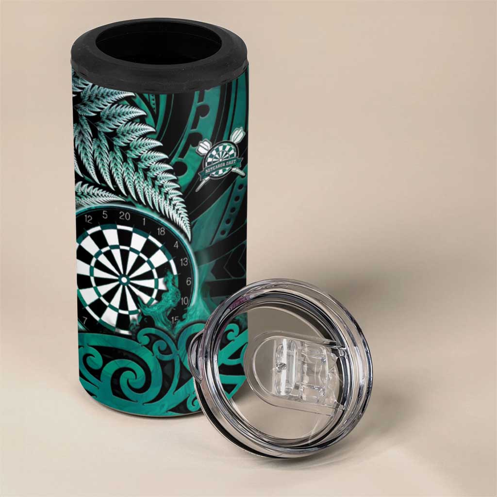 Personalised New Zealand Darts 4 in 1 Can Cooler Tumbler Maori Koru Dartboard Turquoise Flame