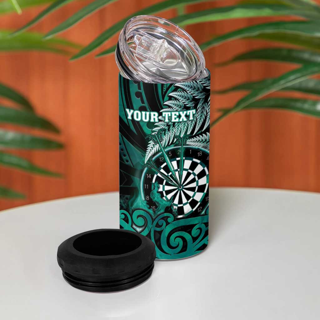 Personalised New Zealand Darts 4 in 1 Can Cooler Tumbler Maori Koru Dartboard Turquoise Flame