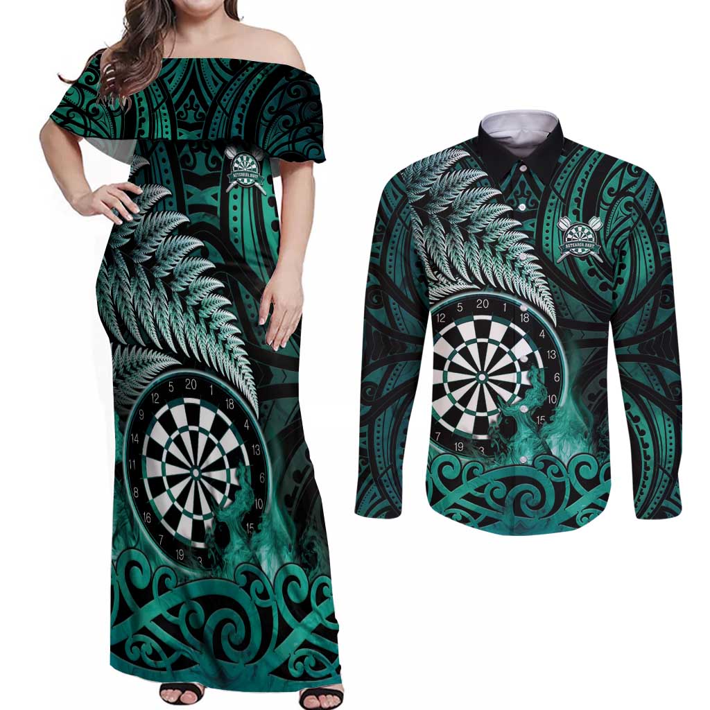 Personalised New Zealand Darts Couples Matching Off Shoulder Maxi Dress and Long Sleeve Button Shirt Maori Koru Dartboard Turquoise Flame LT05 Turquoise - Polynesian Pride