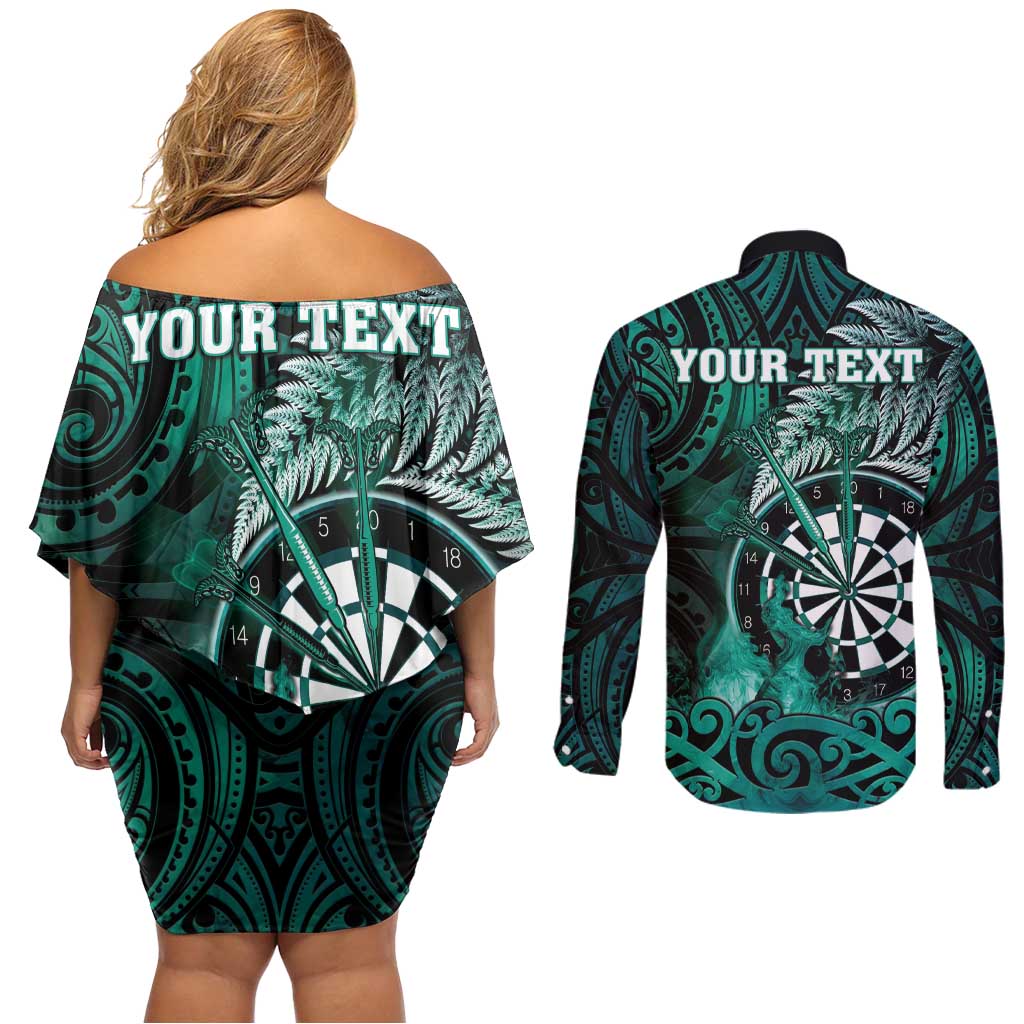 Personalised New Zealand Darts Couples Matching Off Shoulder Short Dress and Long Sleeve Button Shirt Maori Koru Dartboard Turquoise Flame