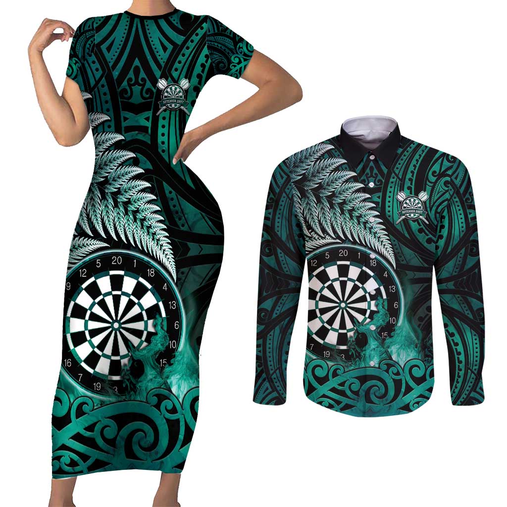 Personalised New Zealand Darts Couples Matching Short Sleeve Bodycon Dress and Long Sleeve Button Shirt Maori Koru Dartboard Turquoise Flame