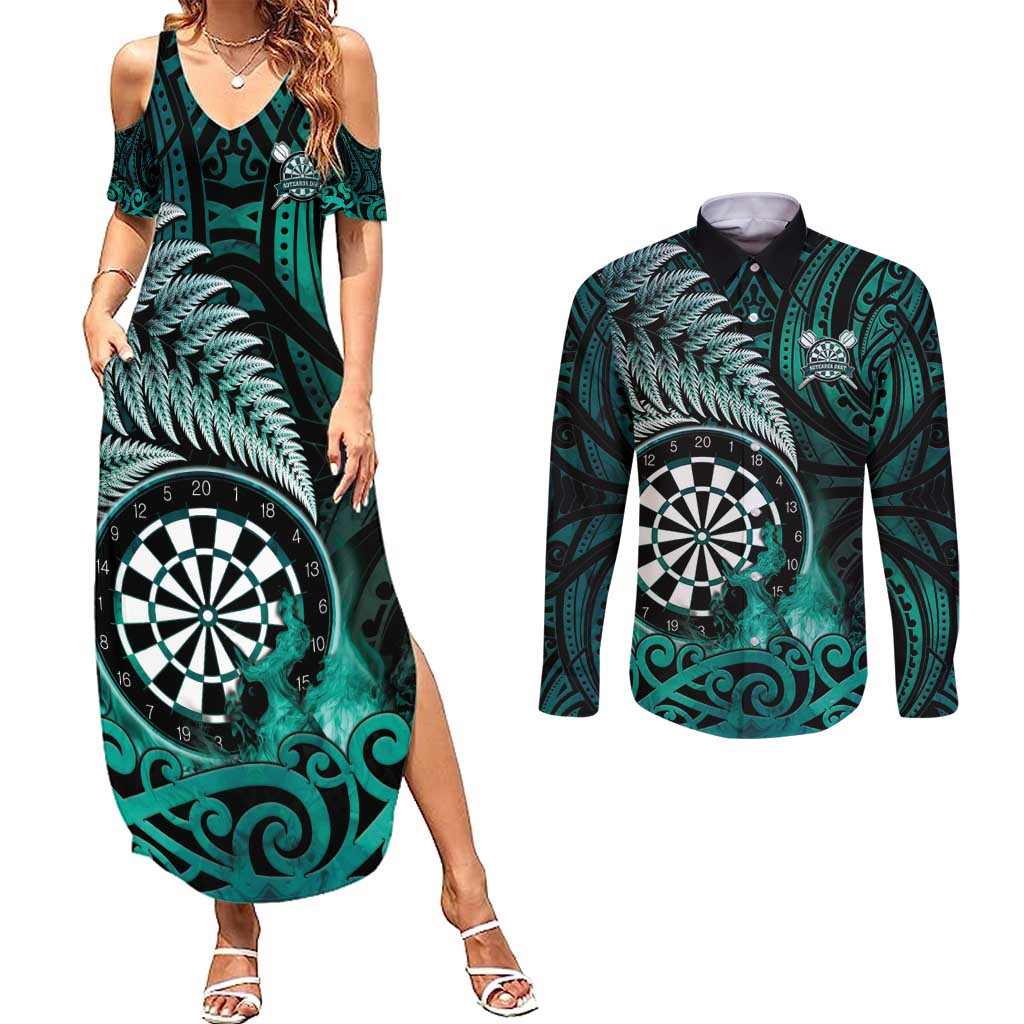 Personalised New Zealand Darts Couples Matching Summer Maxi Dress and Long Sleeve Button Shirt Maori Koru Dartboard Turquoise Flame