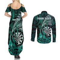 Personalised New Zealand Darts Couples Matching Summer Maxi Dress and Long Sleeve Button Shirt Maori Koru Dartboard Turquoise Flame