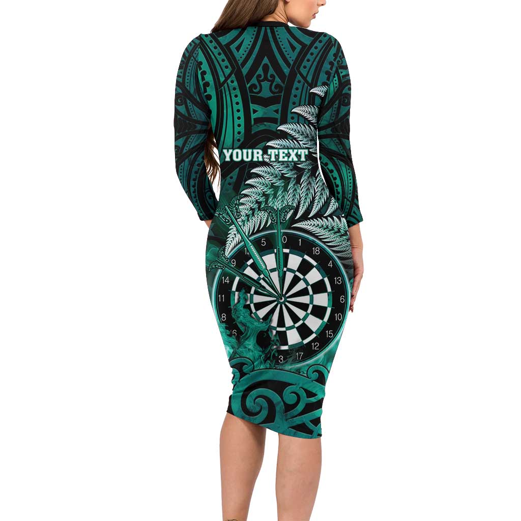 Personalised New Zealand Darts Family Matching Long Sleeve Bodycon Dress and Hawaiian Shirt Maori Koru Dartboard Turquoise Flame