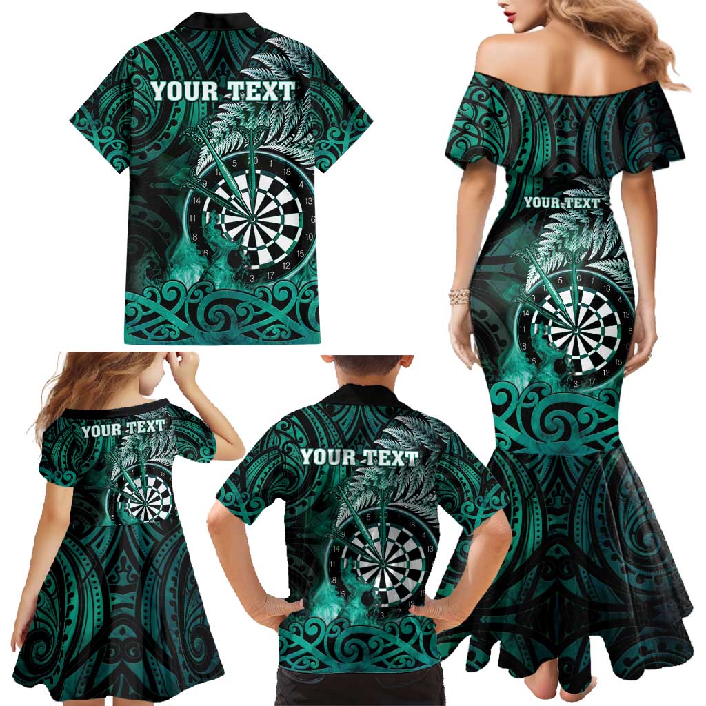 Personalised New Zealand Darts Family Matching Mermaid Dress and Hawaiian Shirt Maori Koru Dartboard Turquoise Flame