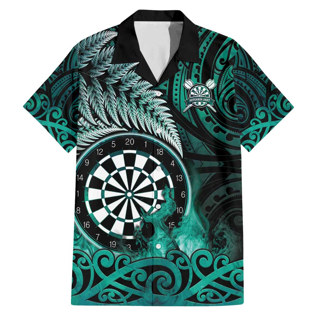 Personalised New Zealand Darts Family Matching Mermaid Dress and Hawaiian Shirt Maori Koru Dartboard Turquoise Flame