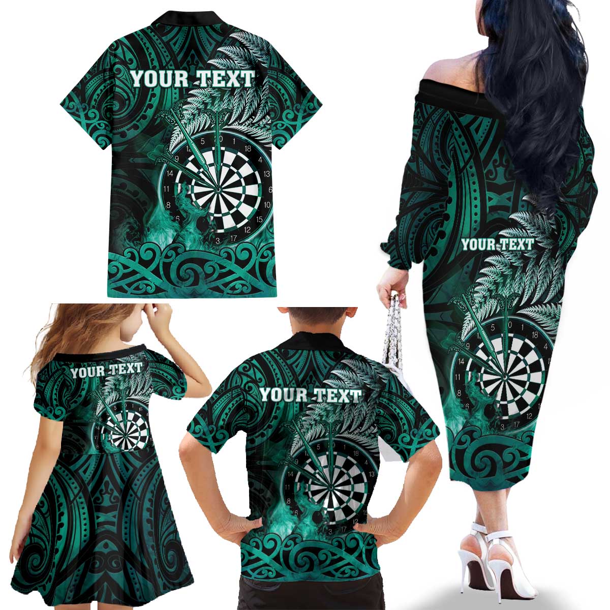Personalised New Zealand Darts Family Matching Off The Shoulder Long Sleeve Dress and Hawaiian Shirt Maori Koru Dartboard Turquoise Flame