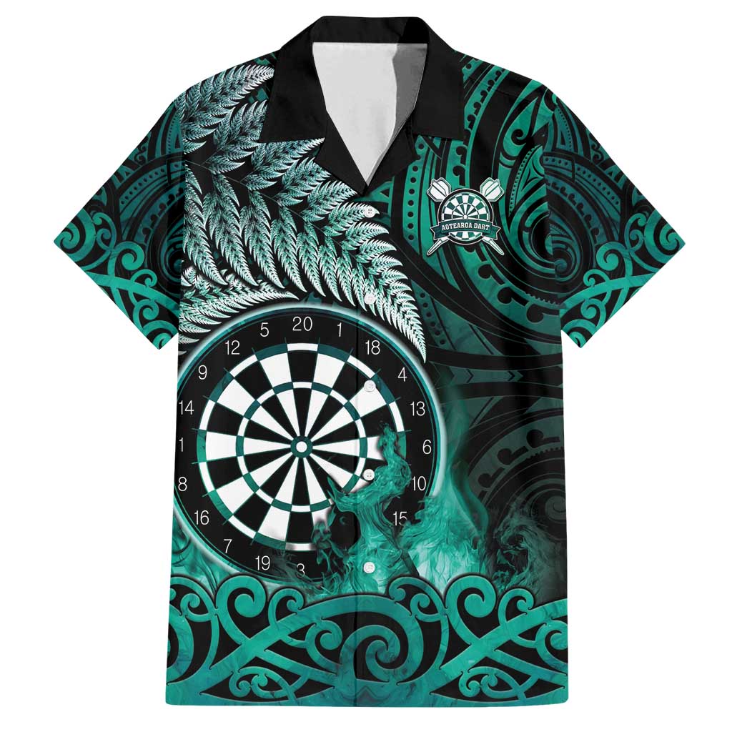 Personalised New Zealand Darts Family Matching Puletasi and Hawaiian Shirt Maori Koru Dartboard Turquoise Flame