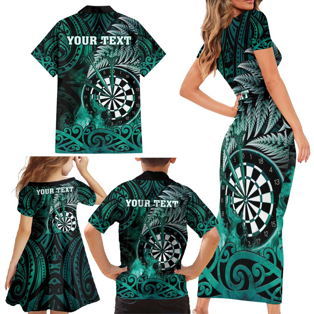 Personalised New Zealand Darts Family Matching Short Sleeve Bodycon Dress and Hawaiian Shirt Maori Koru Dartboard Turquoise Flame