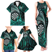Personalised New Zealand Darts Family Matching Tank Maxi Dress and Hawaiian Shirt Maori Koru Dartboard Turquoise Flame