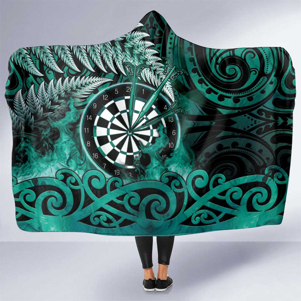 New Zealand Darts Hooded Blanket Maori Koru Dartboard Turquoise Flame
