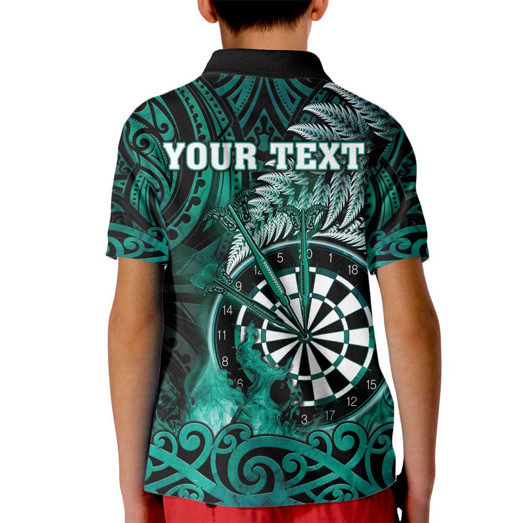 Personalised New Zealand Darts Kid Polo Shirt Maori Koru Dartboard Turquoise Flame