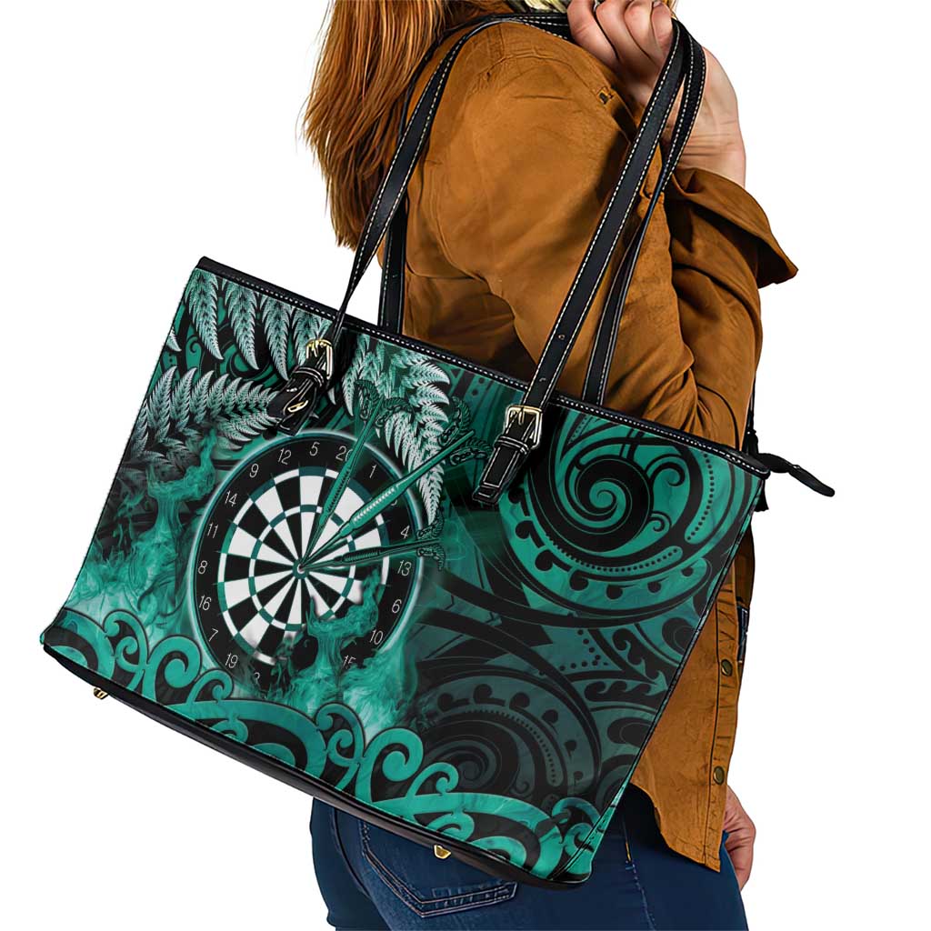 New Zealand Darts Leather Tote Bag Maori Koru Dartboard Turquoise Flame