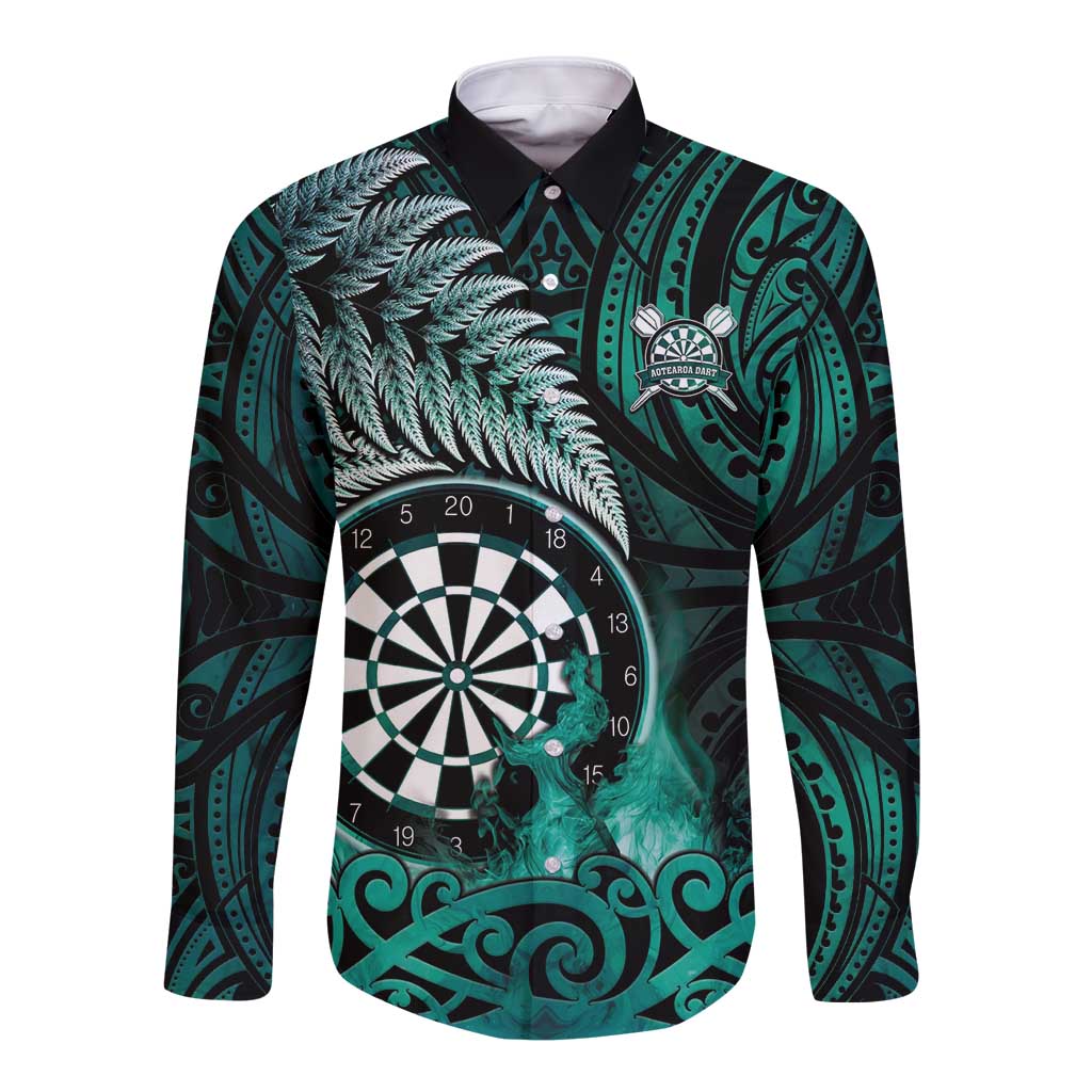 Personalised New Zealand Darts Long Sleeve Button Shirt Maori Koru Dartboard Turquoise Flame LT05 Unisex Turquoise - Polynesian Pride