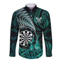 Personalised New Zealand Darts Long Sleeve Button Shirt Maori Koru Dartboard Turquoise Flame LT05 Unisex Turquoise - Polynesian Pride