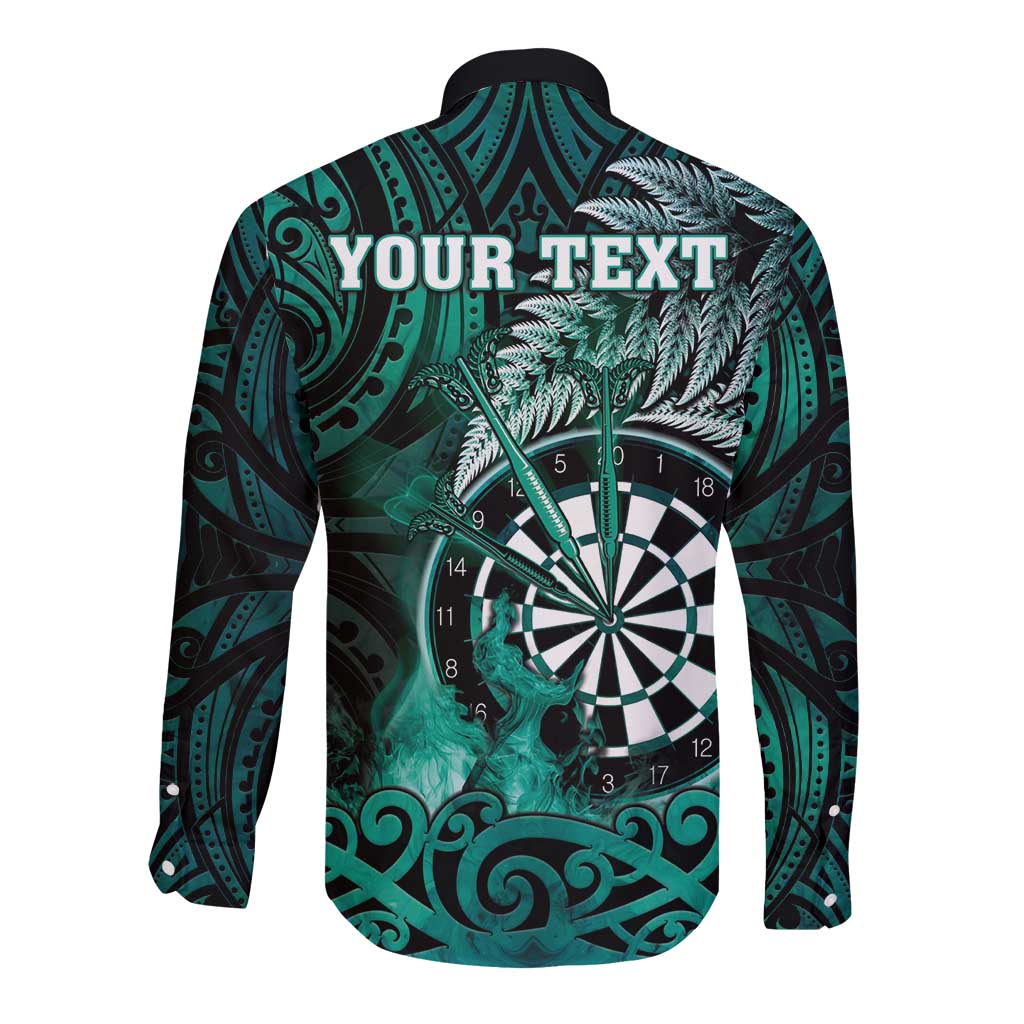 Personalised New Zealand Darts Long Sleeve Button Shirt Maori Koru Dartboard Turquoise Flame LT05 - Polynesian Pride