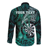 Personalised New Zealand Darts Long Sleeve Button Shirt Maori Koru Dartboard Turquoise Flame LT05 - Polynesian Pride