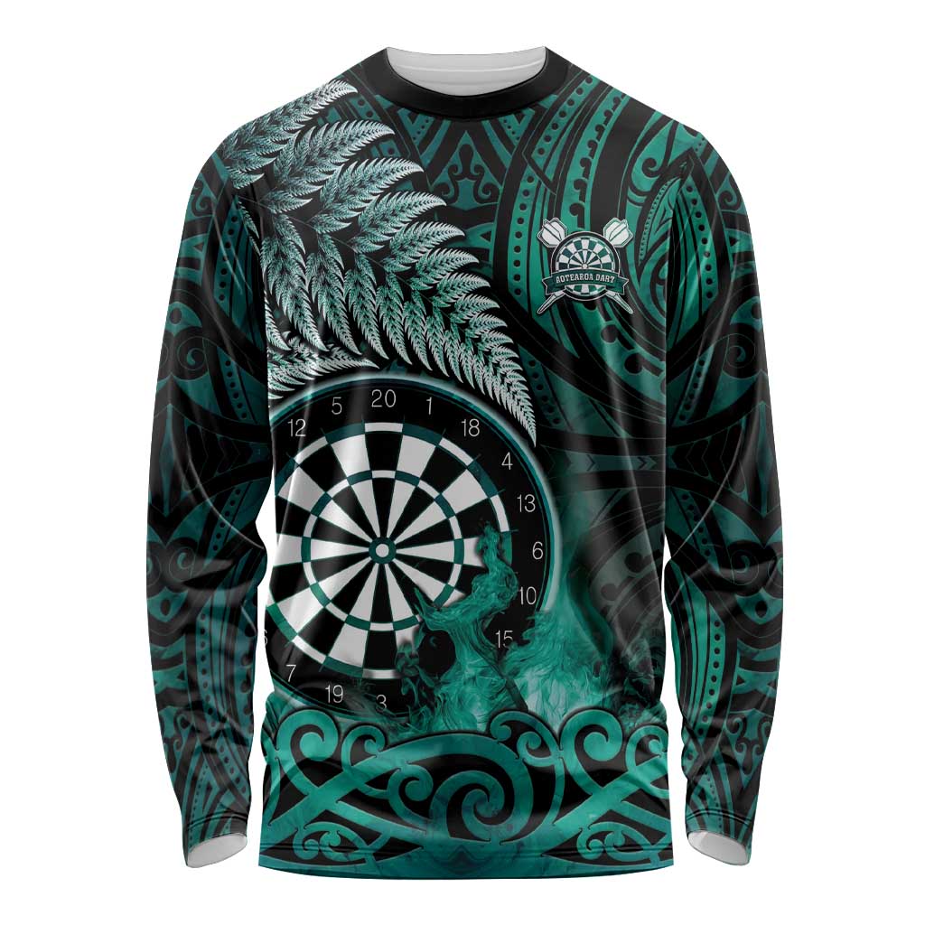 Personalised New Zealand Darts Long Sleeve Shirt Maori Koru Dartboard Turquoise Flame LT05 Unisex Turquoise - Polynesian Pride