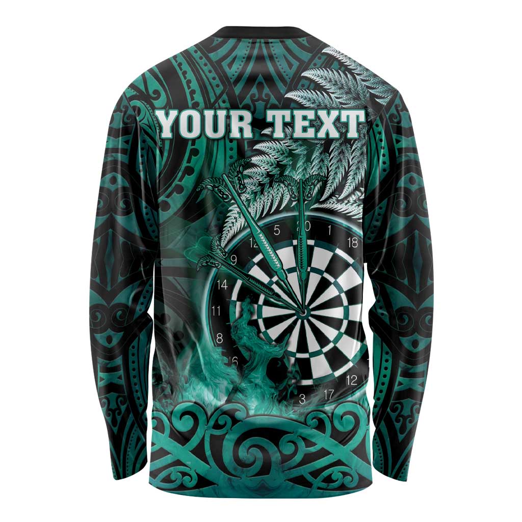 Personalised New Zealand Darts Long Sleeve Shirt Maori Koru Dartboard Turquoise Flame LT05 - Polynesian Pride