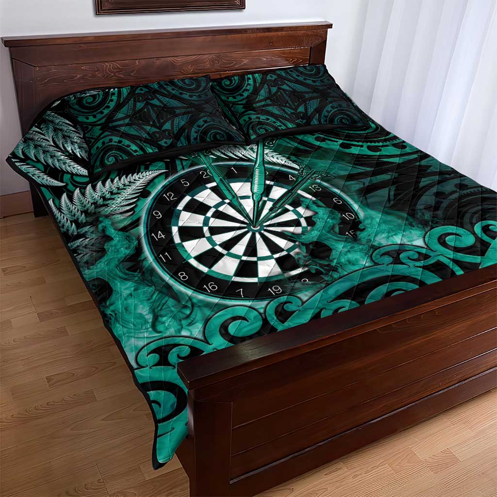 New Zealand Darts Quilt Bed Set Maori Koru Dartboard Turquoise Flame