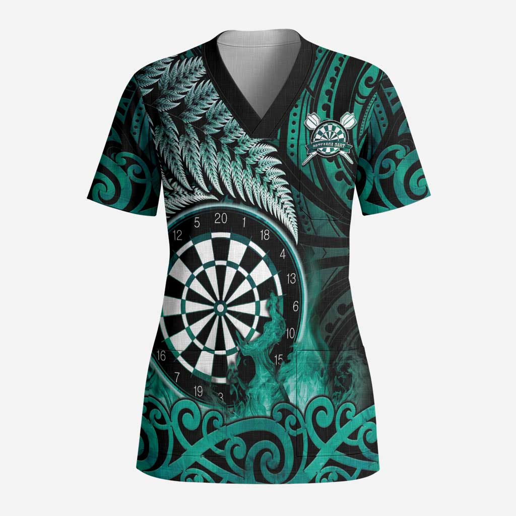 Personalised New Zealand Darts Scrub Top Maori Koru Dartboard Turquoise Flame - Polynesian Pride
