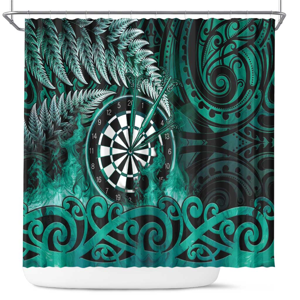 New Zealand Darts Shower Curtain Maori Koru Dartboard Turquoise Flame