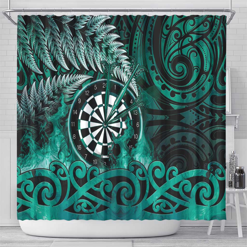 New Zealand Darts Shower Curtain Maori Koru Dartboard Turquoise Flame
